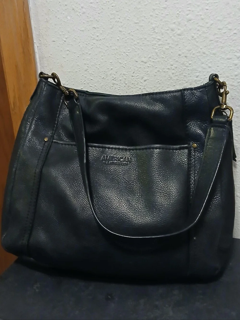 American Leather Co Black Leather Shoulder Bag Hobo Purse Slouchy Brass Accents